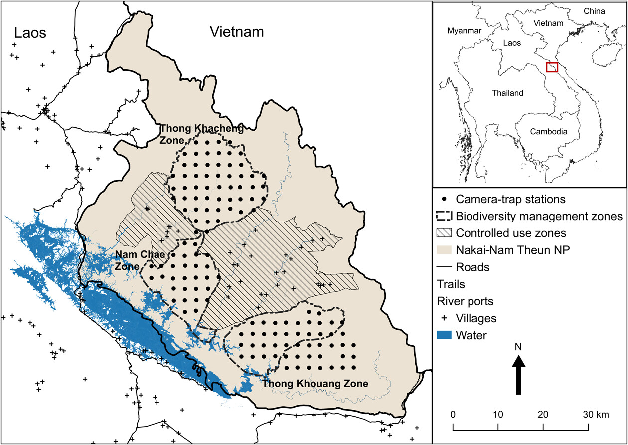 Figure 1: Study area map of Nakai-Nam Theun National Park, Laos. Camera trapping was conducted in three different biodiversity management zones between February to August 2020. Cameras were placed on the field using a 2.5 km grid.