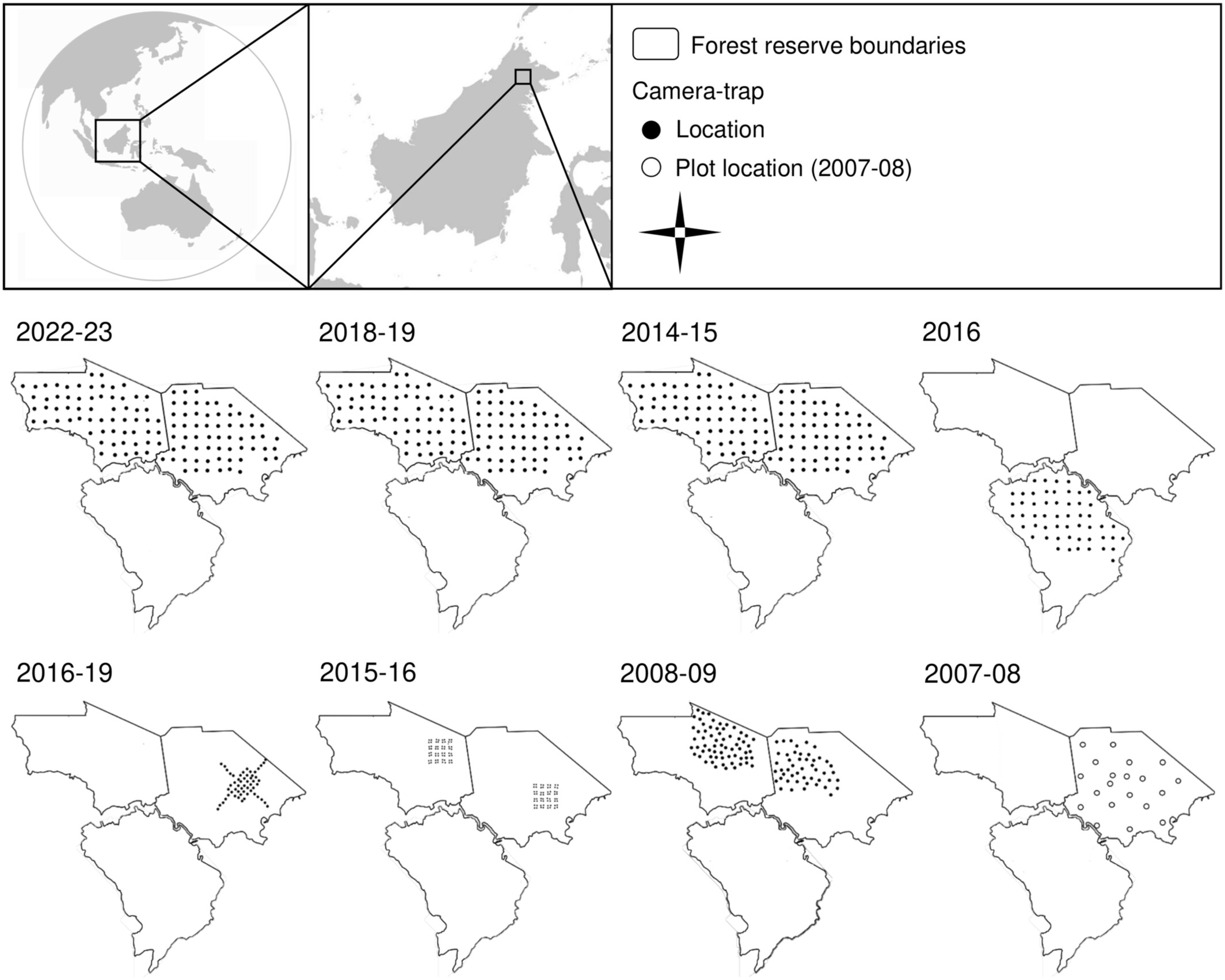 Figure 1 of Kasper et al. 2026: Map of the study area in Sabah, Malaysian Borneo (5° 22′ 35″ N, 117°20′35″ E), across the forest reserves Deramakot (top right), Tangkulap-Pinangah (top left), and Northern Kuamut (bottom), which are viewed with camera-trap locations and survey years. Camera-trap survey designs include in the top row: Systematic coarse grids with a 2.5 km-spacing in Deramakot and Tangkulap-Pinangah, and 1.5 km-spacing in Northern Kuamut; and in the bottom row from left to right: A logging concession grid with 1 km-spacing, a fine grid with 500 m2-clusters, a scatter-grid, and a logging concession plot survey with 1-km2 plots á 12 camera-trap locations. For further details, see Table S1.