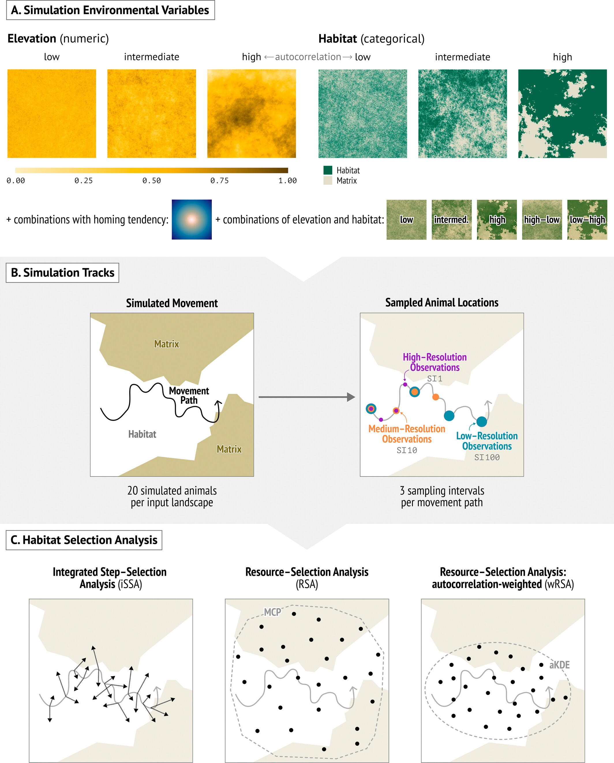 Figure 1 of Signer 2025: Schematic of the implemented analytical methods and simulation study of scenario 1. (A) For each of the replicated landscape settings with different spatial autocorrelation and their combinations, we (B) simulated 20 repetitions of nearly-continuous animal movement tracks influenced by these variables and subsampled the tracks to three different sampling intervals. (C) The tracks of different intervals were analyzed with three method variants (iSSA, RSA, and wRSA). Multicollinearity assessment of the combined landscape scenarios is provided in Figure S2.