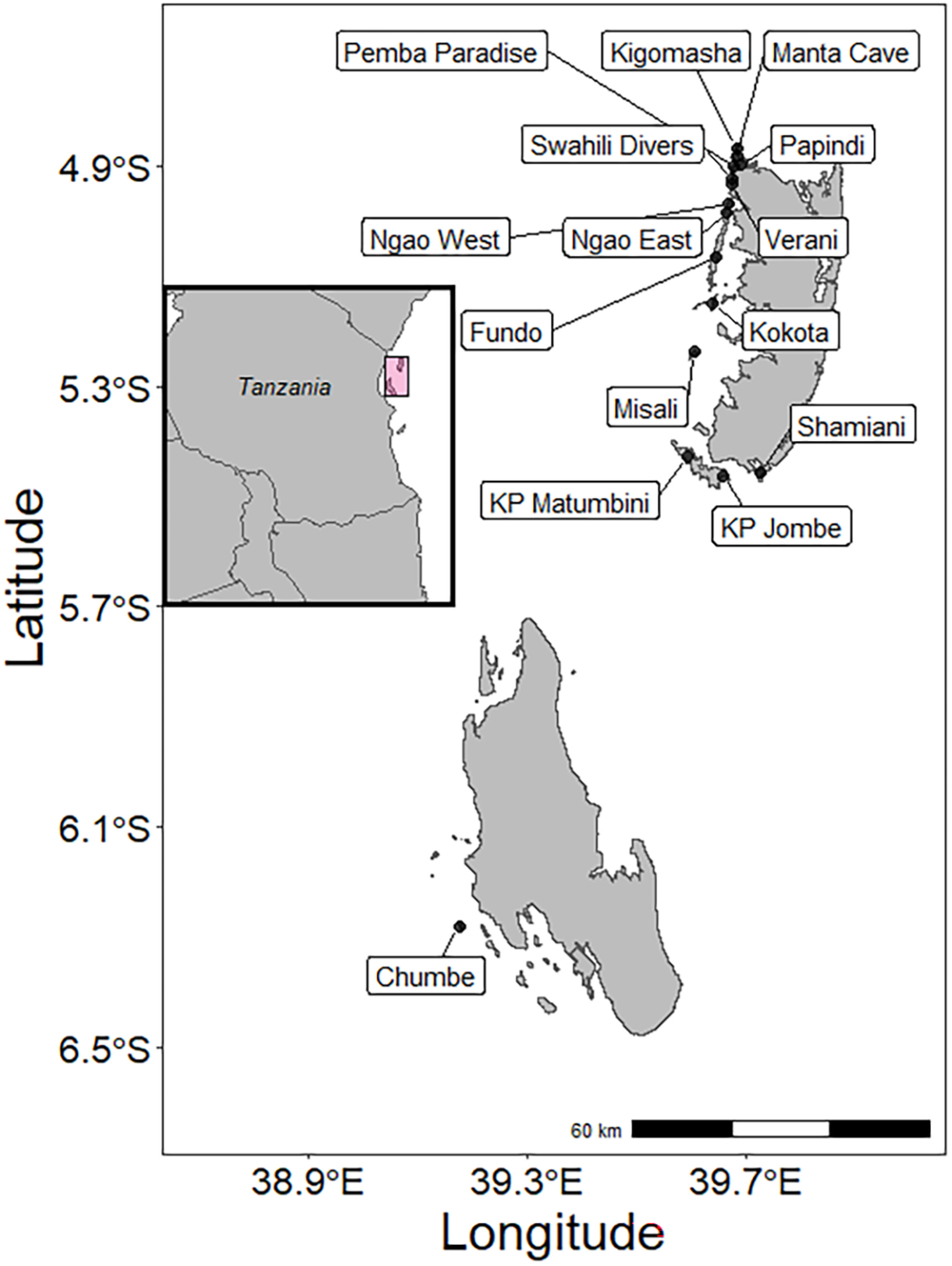 Figure 1 of Sollmann, Caro 2024: Sites at which coconut crabs were sampled between 2016 and 2023 on/near the Pemba archipelago, Zanzibar. Zanzibar is located off the east coast of Tanzania, East Africa, and is part of that nation.